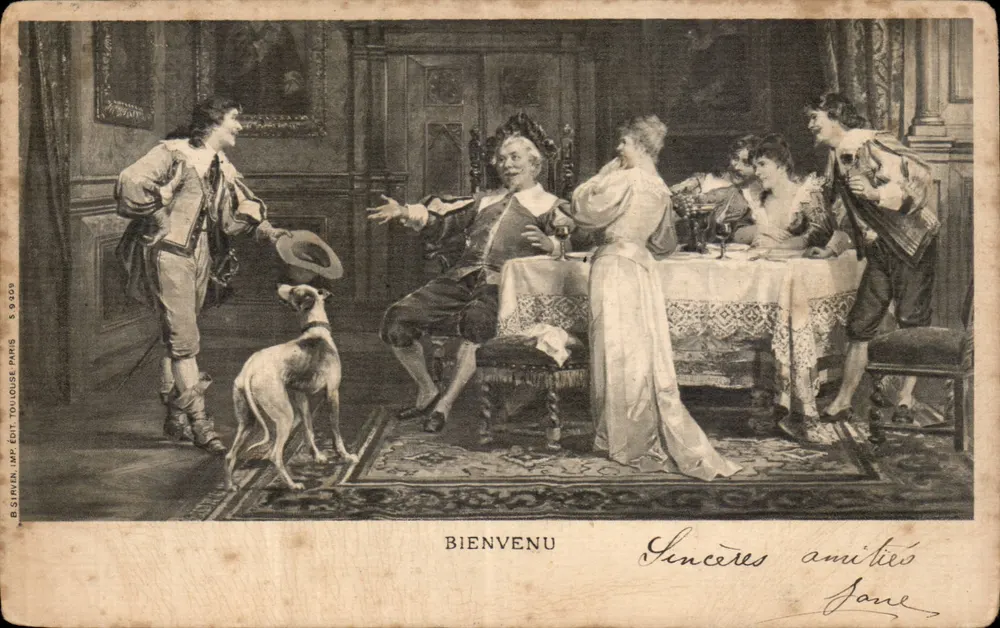 Bem-vindo — cena de recepção em traje da época — B. STRINEN, IMP. ÉDIT. TOULOUSE PARIS, n° 9205 - Frente