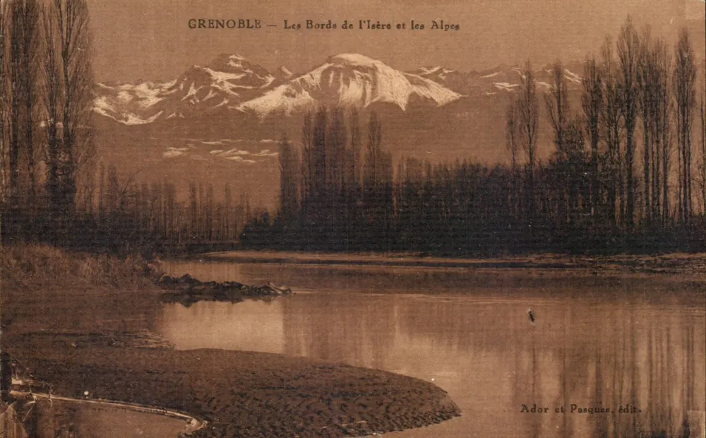 Grenoble — Las orillas del río Isère y las Alpes — Ador et Pasques, editor - Anverso