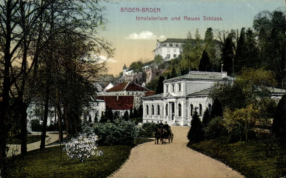 Baden-Baden — Inhalatorium und Neues Schloss — Verlag von Emil Bertmann, Straßburg - Vorderseite