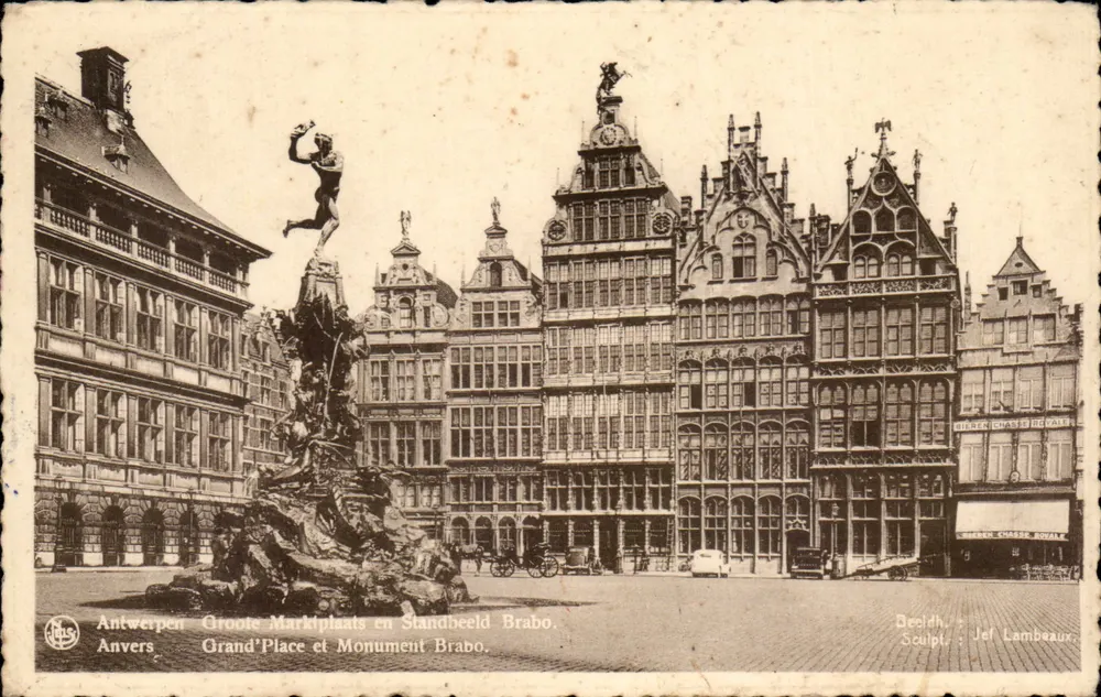 Antwerpen - Große Marktplatz und Standbild Brabo - Bildhauer Jef Lambeau - Vorderseite