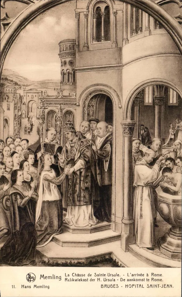 A Cápsula de Santa Ursula — A chegada a Roma — Hans Memling, série 11, editada por Bruges — Hospital de São João - Frente
