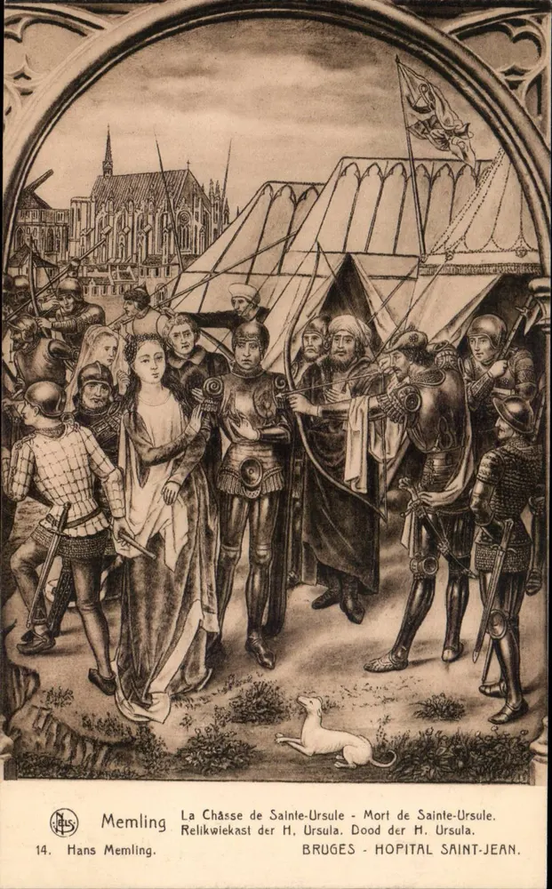 Die Jagd auf Sainte-Ursule — Tod von Sainte-Ursule — Hans Memling, Serie 14, Verlag NLS, Brügge - Krankenhaus Saint-Jean - Vorderseite