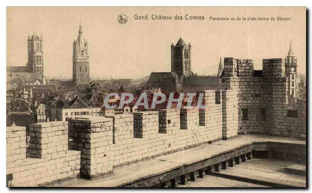 Gand, Château des Comtes — Panorama vu de la plate-forme du Donjon — NELS, Bruxelles - Recto