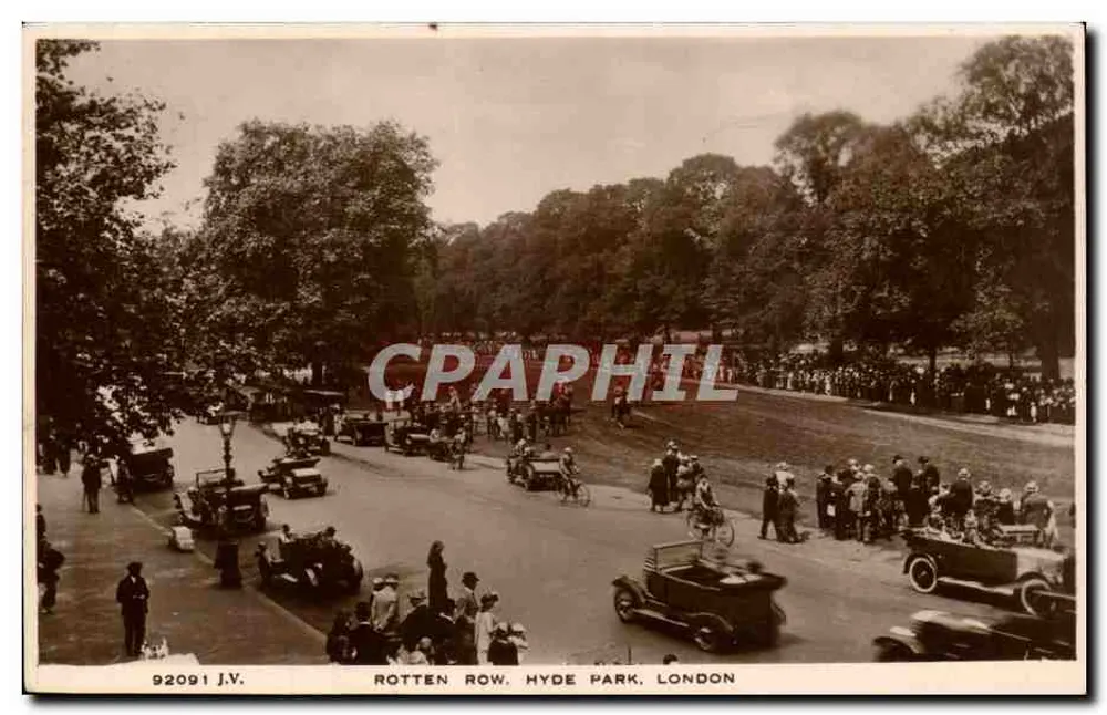 Rotten Row, Hyde Park, London — lebendige Ansicht mit Autos und Fußgängern — J.V. n° 92091 - Vorderseite