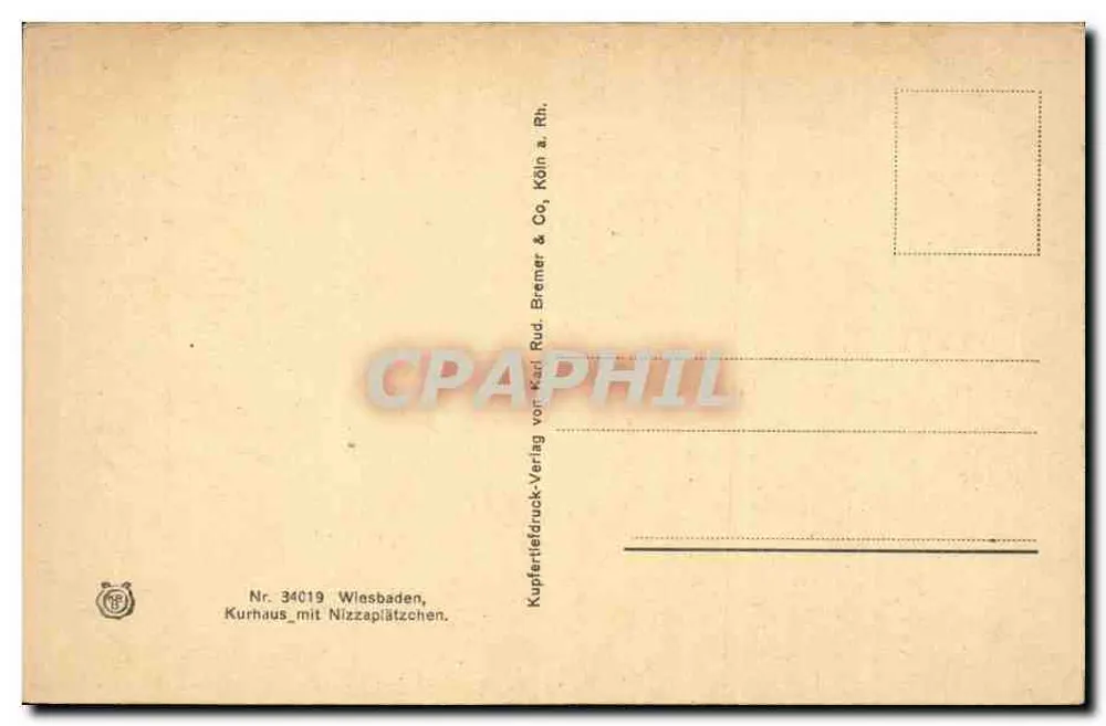Wiesbaden, Kurhaus mit Nizzaplätzchen — uitgever Kupferstich-Verlag von Karl Rud. Bremer & Co. - Achterkant