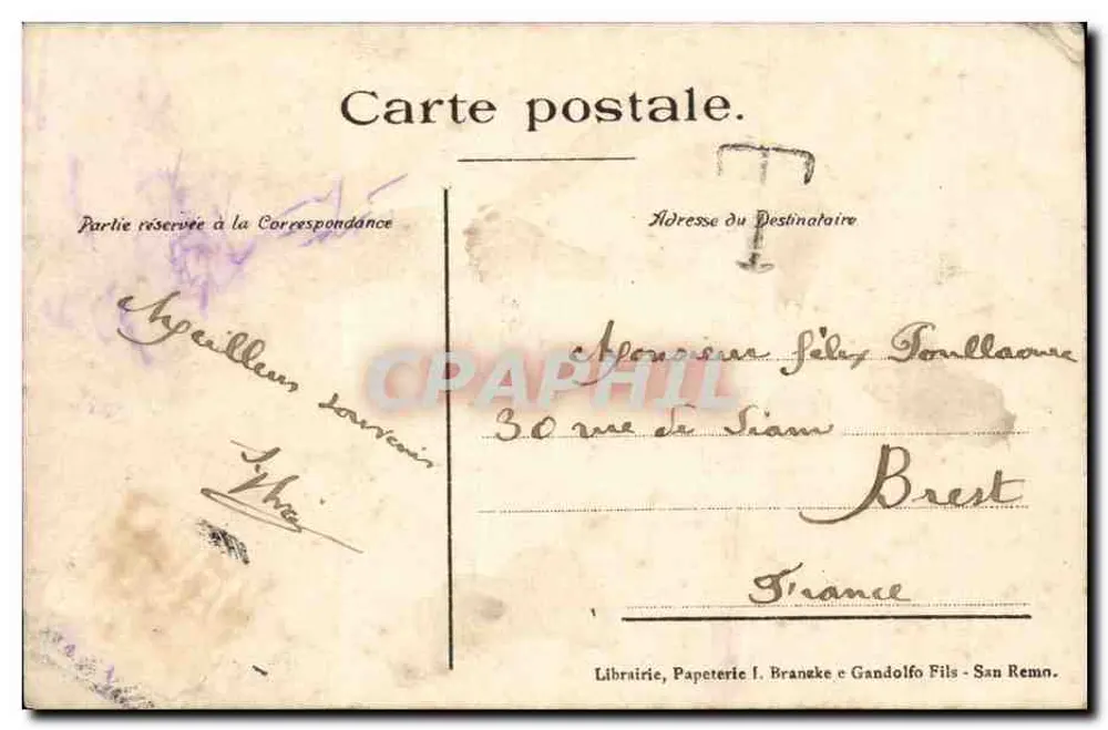 San Remo - Die Promenade — Ansicht der Promenade mit Palmen — Librairie Papeterie I. Branske e Gandolfo Fils - Rückseite