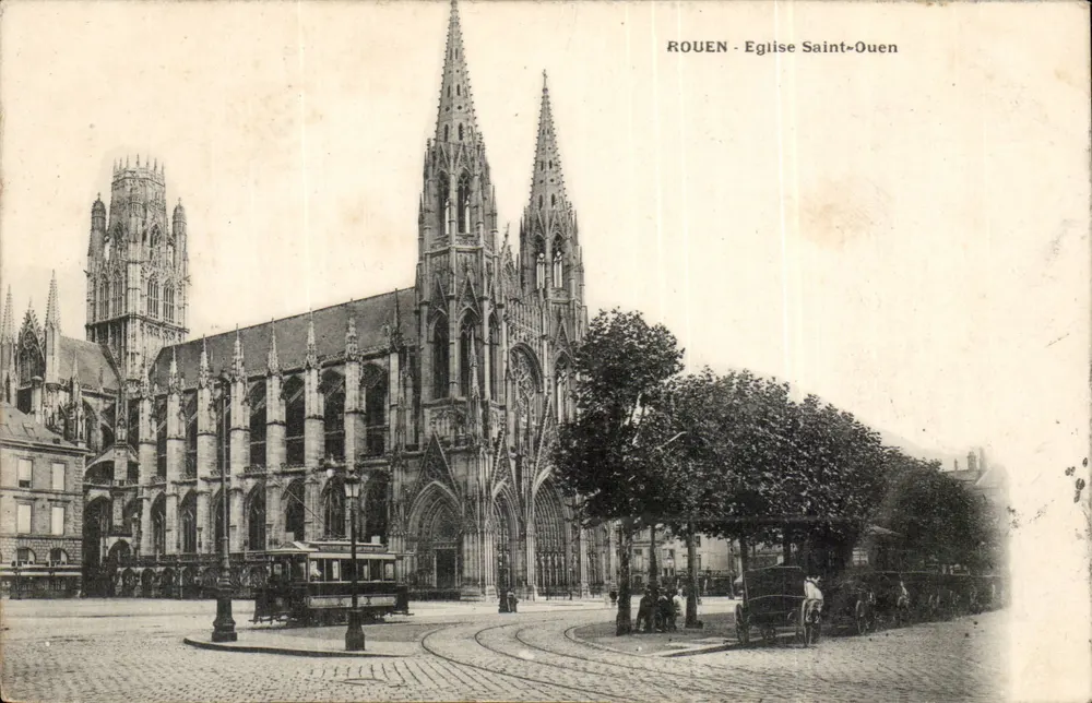 Rouen - Kerk van Sint Ouen — uitzicht op de gotische gevel met tram en wagen — uitgever niet geïdentificeerd - Voorkant