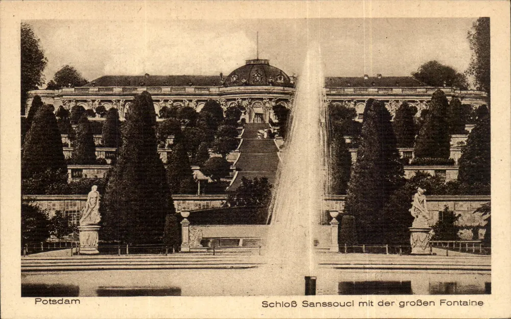 Schloss Sanssouci mit der großen Fontaine — Potsdam — Kunstverlag Robert Hahn, Berlin SW 48, Nr. 1593 - Vorderseite