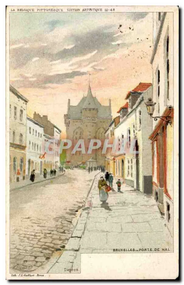 Bruxelas - Porta de Hal — Edição Artística II-48, litografia J.L. Goffart, Brux. - Frente