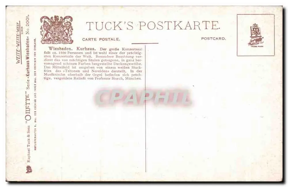 Wiesbaden. Kurhaus. Großer Konzertsaal — Tuck's Postkarte, Serie 'Oiette', Nr. 2001 - Rückseite