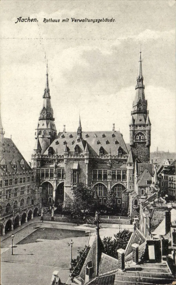 Nachen. Rathaus mit Verwaltungsgebäude — Verleger T. A. Meyer, Buchhandlung, Aachen. - Vorderseite