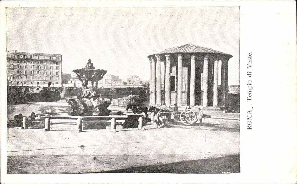 Rom - Tempel von Vesta — Ansicht mit Brunnen und Wagen — Verleger FEDELI - Vorderseite