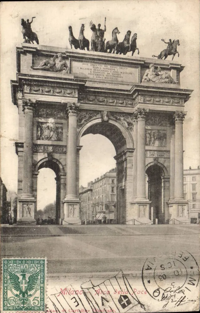 Arco della Pace em Milão — dedicatória a Napoleão I — editor Milanese di Cartoline illustrate - Frente