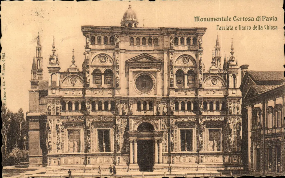 Certosa di Pavia — Fassade und Seite der Kirche — Moduliano e Co. Milano, n° 9992 - Vorderseite
