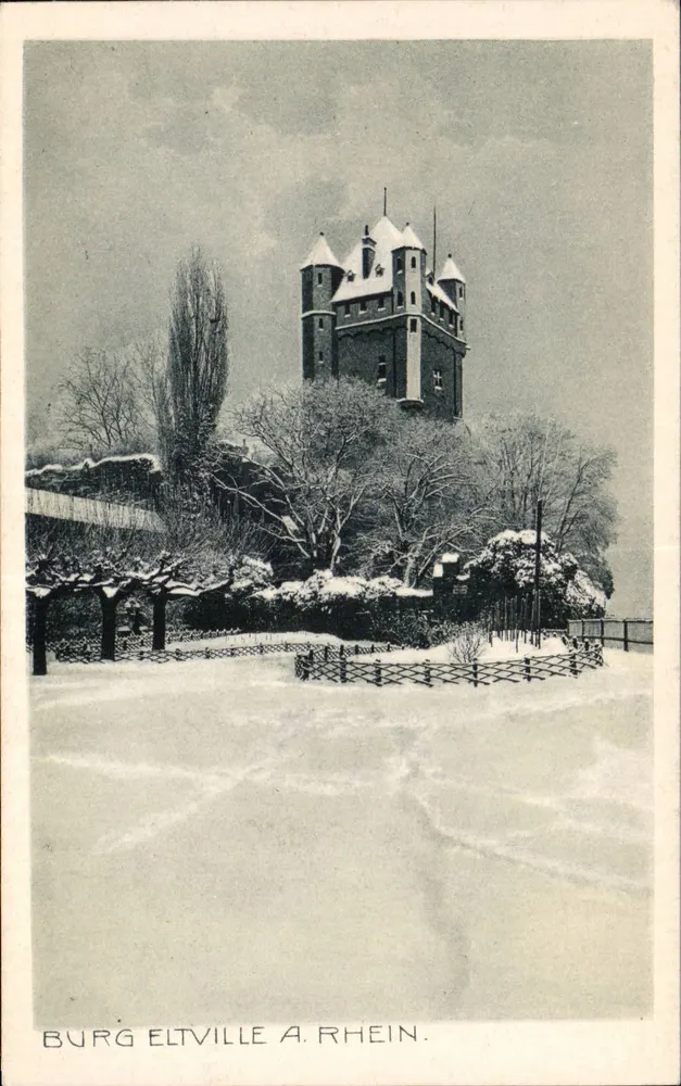 Burg Eltville A. Rhein — castillo nevado — Verlag u. Photographie von Zr. Brodberg, Eltville a. Rh. - Anverso