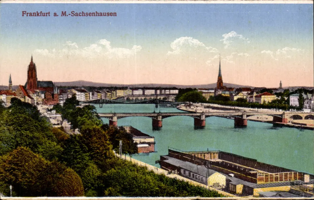 Frankfurt a. M.-Sachsenhausen — vista panorâmica com ponte e igrejas — editor não identificado - Frente