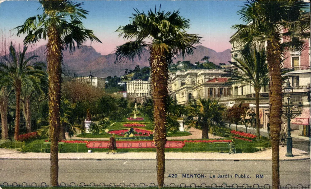 Menton — Jardin Public — widok z parku z palmami i górami — wydawnictwo Rostan d'Art, nr 429 - Awers