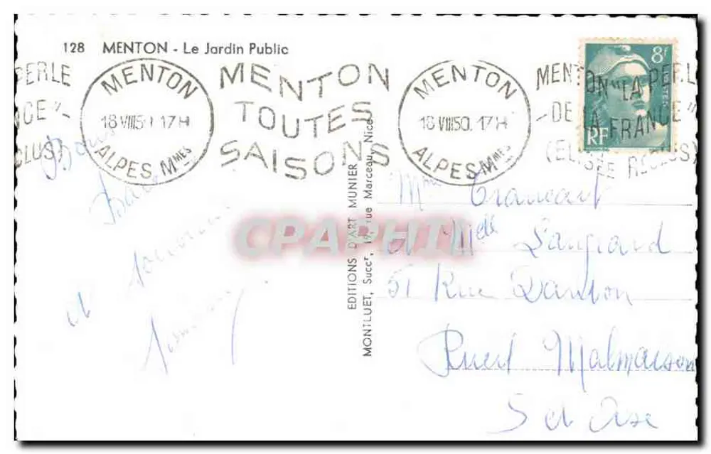 Menton - O Jardim Público — Edições Dart Munier, n°128 - Verso
