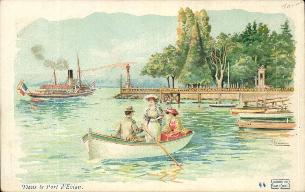 Cảng Évian — Cảnh hồ với tàu hơi nước và chuyến đi trên thuyền — F. Racaine, số 44 - Mặt trước
