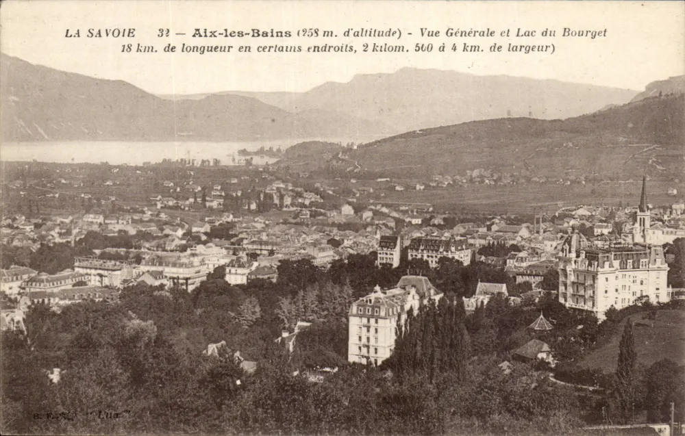 Aix-les-Bains — Vista Geral e Lago do Bourget — Editor B. F. Lue, n°32 - Frente