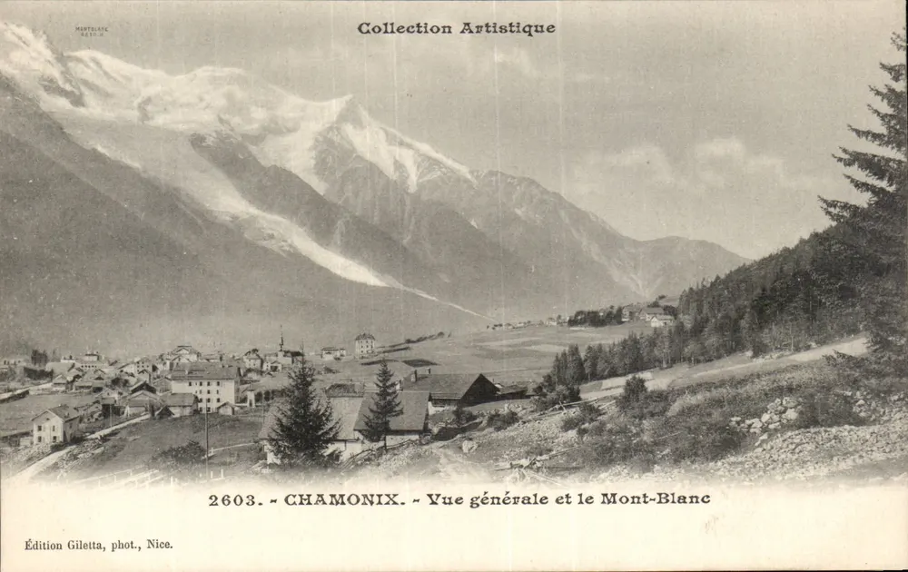 Chamonix — Vista general y el Monte Blanco — Edición Giletta, fot. Nice, n° 2603 - Anverso