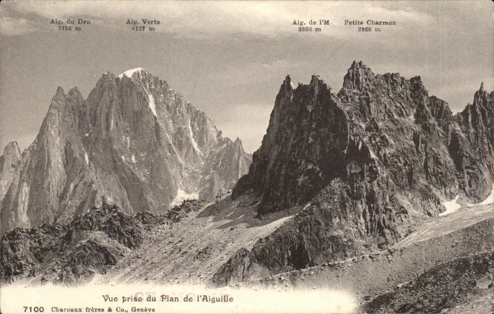 Vista tirada do Plan de l'Aiguille — Montanhas do maciço do Mont-Blanc — Charnaux frères & Co., Genebra, n° 7100 - Frente