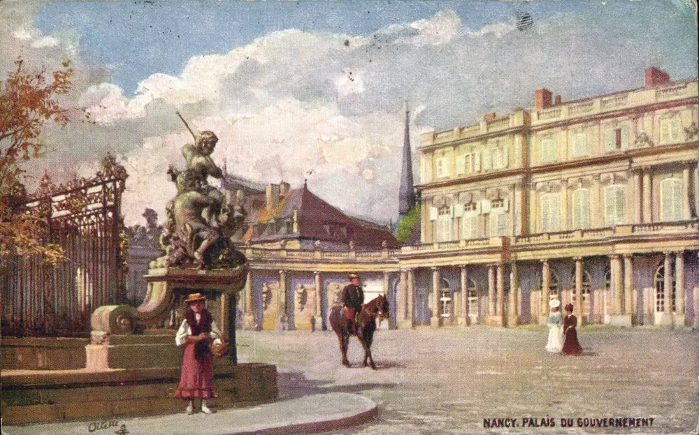 Nancy. Palácio do Governo — vista da praça com estátua e cavaleiro — editor Oillet, série 9 - Frente