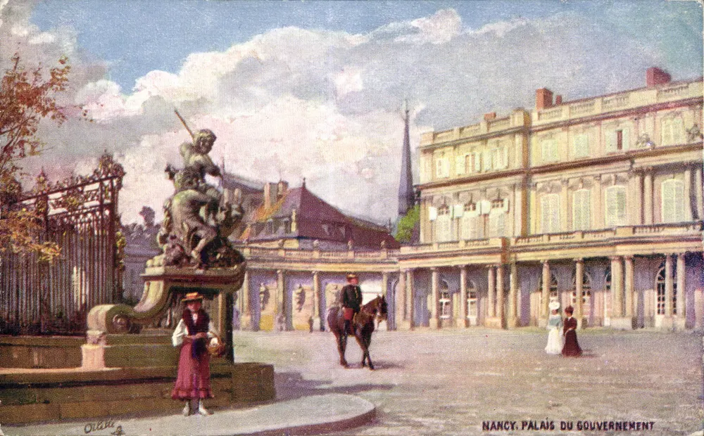 Nancy. Palais du Gouvernement — vue avec statue et cavalier — éditeur Oilette, série 1/7 - Recto