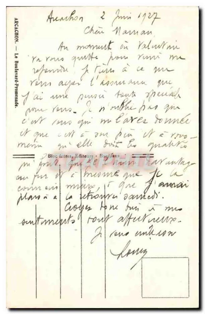 Arcachon — O Boulevard-Provence — Bloc Frères, Editor, Bordeaux - Verso