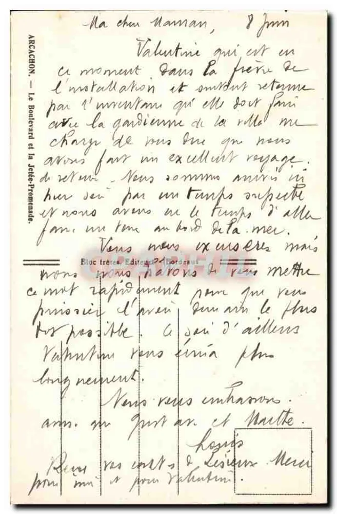 Arcachon — O Boulevard e a Pista de Areia-Promenade — Editor Biloc Frères, Bordeaux - Verso