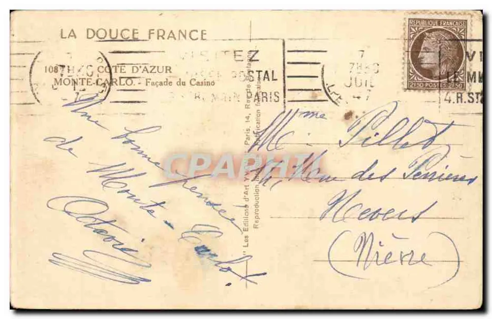 Monte-Carlo — Facha da Casa de Cassino — Edições d'Art Yvion, n° 1087 - Verso