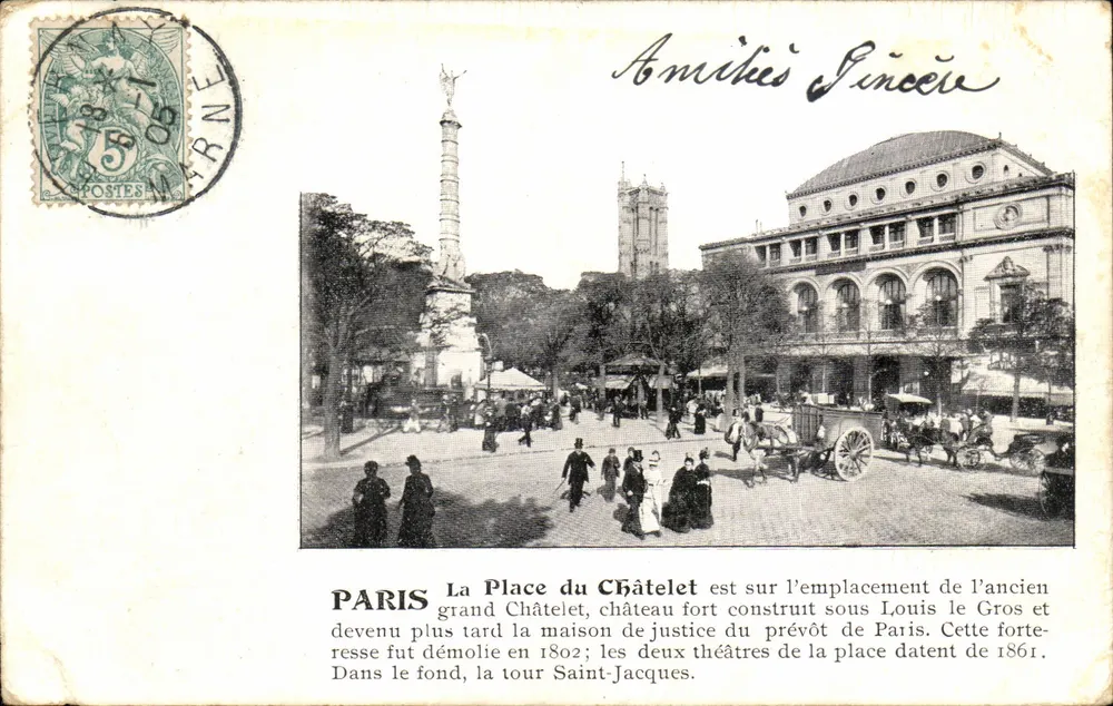 Paris - Place du Châtelet — vista histórica com texto explicativo — editor desconhecido, número de série não visível - Frente