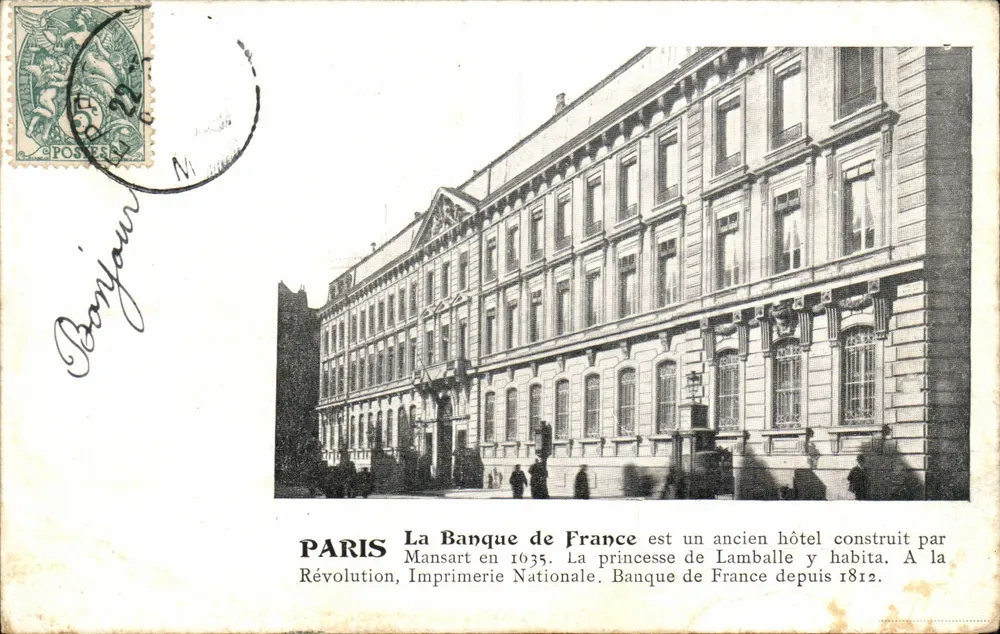 Paris — A Banque de France, antigo hotel Mansart — Imprimerie Nationale, editor desconhecido - Frente