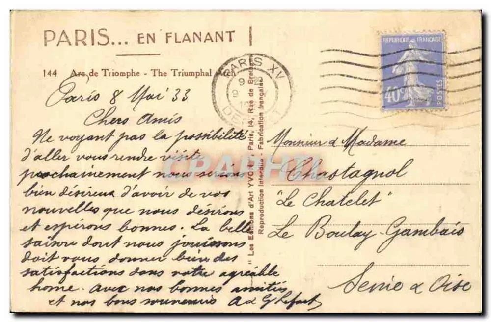 Arco do Triunfo — Paris — Editor Yvon, n°144 - Verso