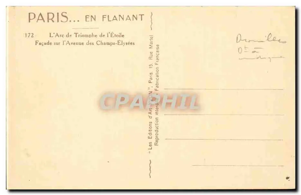 Arco da Triunfo — Facha da Avenida dos Campos Elísios — Les Éditions d'Art 'L'Étoile', Paris - Verso