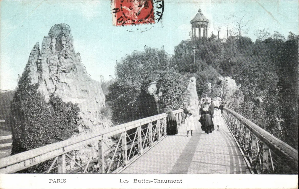 Les Buttes-Chaumont — Ponte metálico e rochedos — Paris - Frente