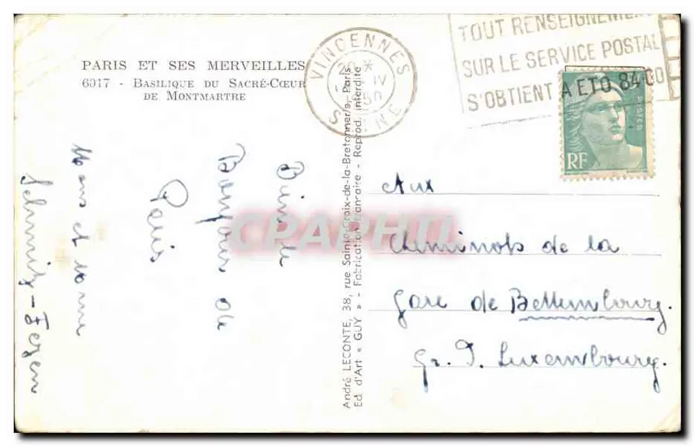 Basílica do Sagrado Coração — Paris — editor André Leconte, n°6017 - Verso
