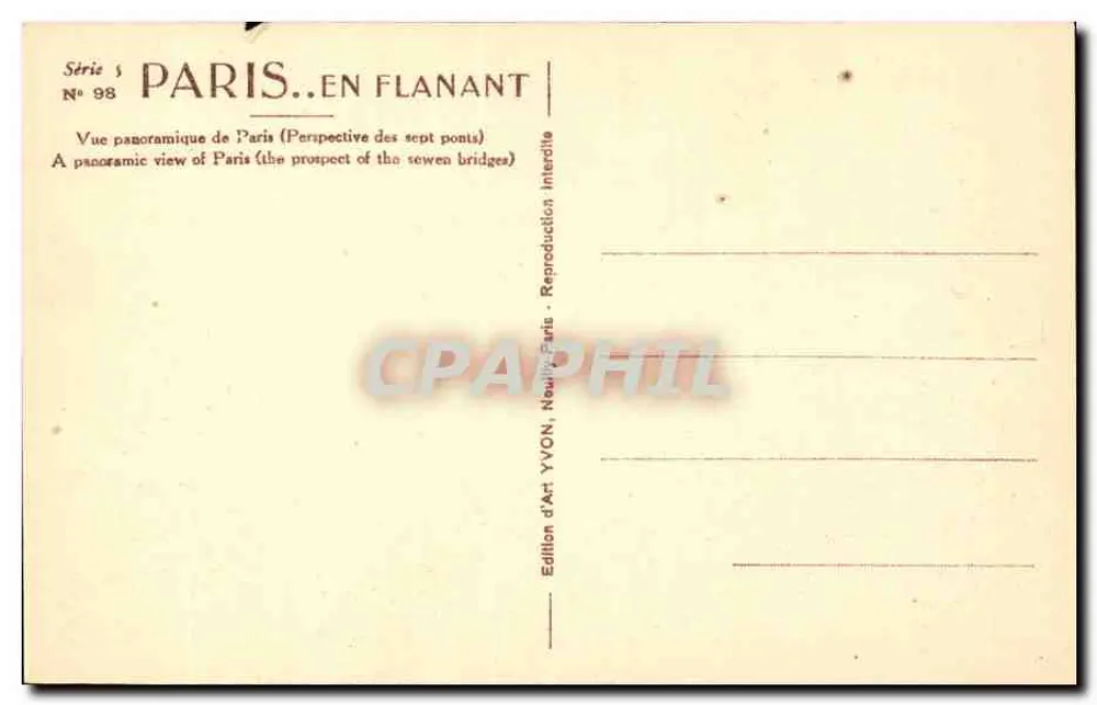 Paris — Panoramablick auf die sieben Brücken — Édition d'Art YVON, Neuilly-sur-Seine - Rückseite