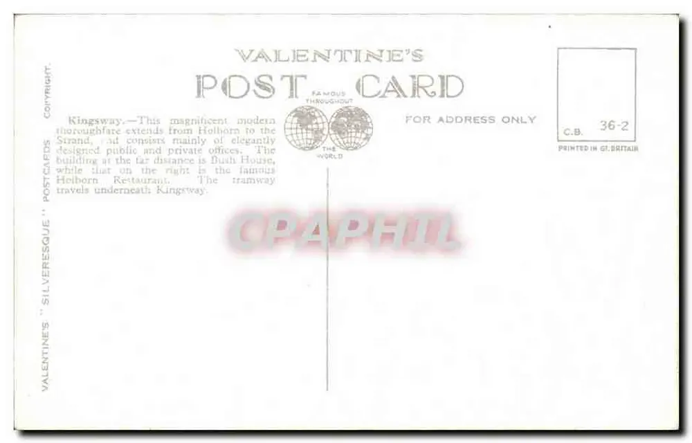 Kingsway, London — Blick auf die Straße mit Fahrzeugen und Gebäuden — Valentine's Silveresque, n° 99001 - Rückseite