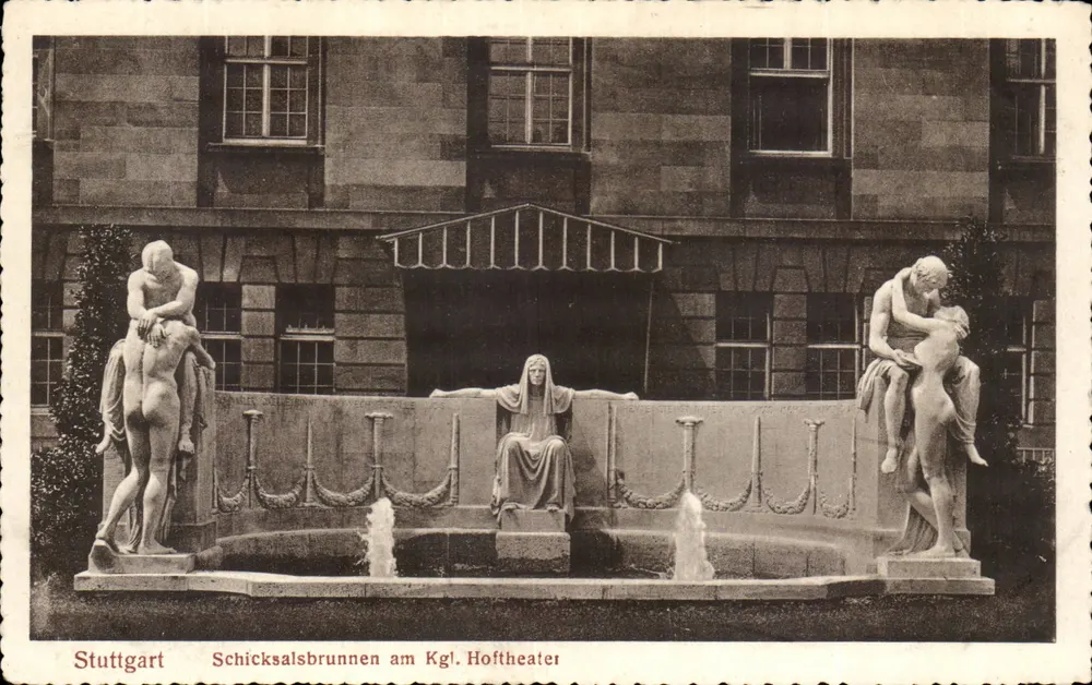 Stuttgart — La Fuente del Destino junto al Teatro Real — Collogravure mit Büttenrand - Anverso