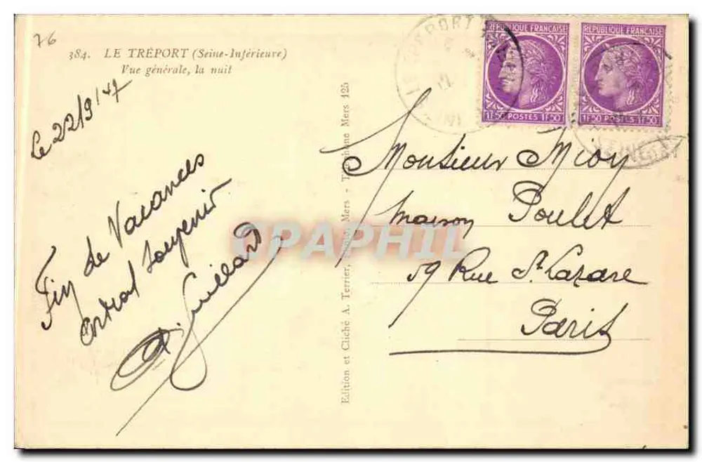 Le Tréport (Seine-Inférieure) — Vista geral, à noite — Edição A. Terrier, Terville Mers - Verso