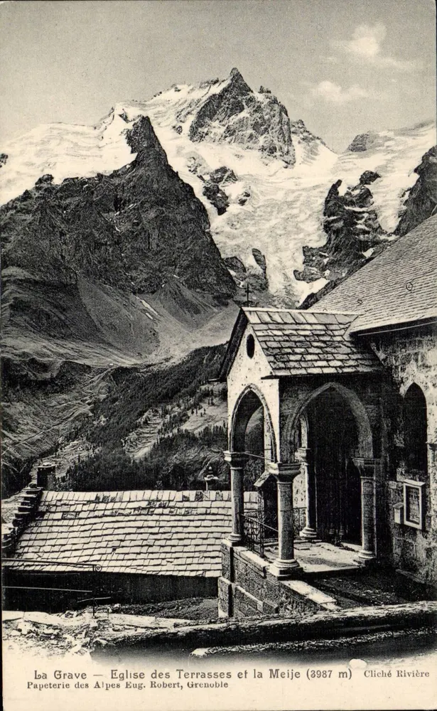 La Grave — Kirche der Terrasses und der Meije (3987 m) — Papeterie des Alpes Eug. Robert, Grenoble - Vorderseite