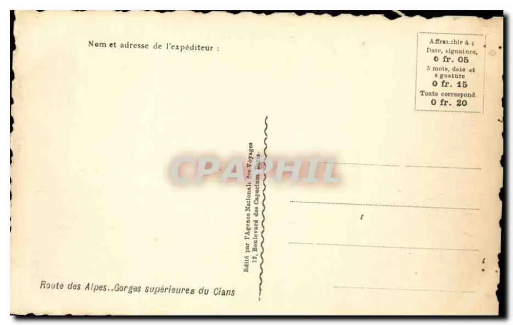 Oberen Schluchten des Cians — Route des Alpes — Verlag der Nationalen Reiseagentur, 12 Boulevard des Capucines - Rückseite