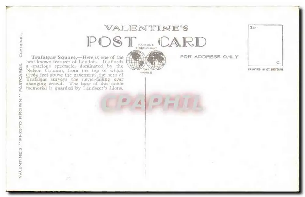 Trafalgar Square & Whitehall, London — Valentine's Photo Brown, n° 209385 - Rückseite
