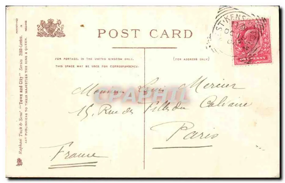 Londres, o Monumento — editor Raphael Tuck & Sons, série 'Town and City' - Verso
