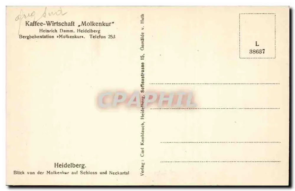 Heidelberg — Ansicht der Molkenkur über Schloss und Neckartal — Verlag Carl Knoblauch v. Huth - Rückseite