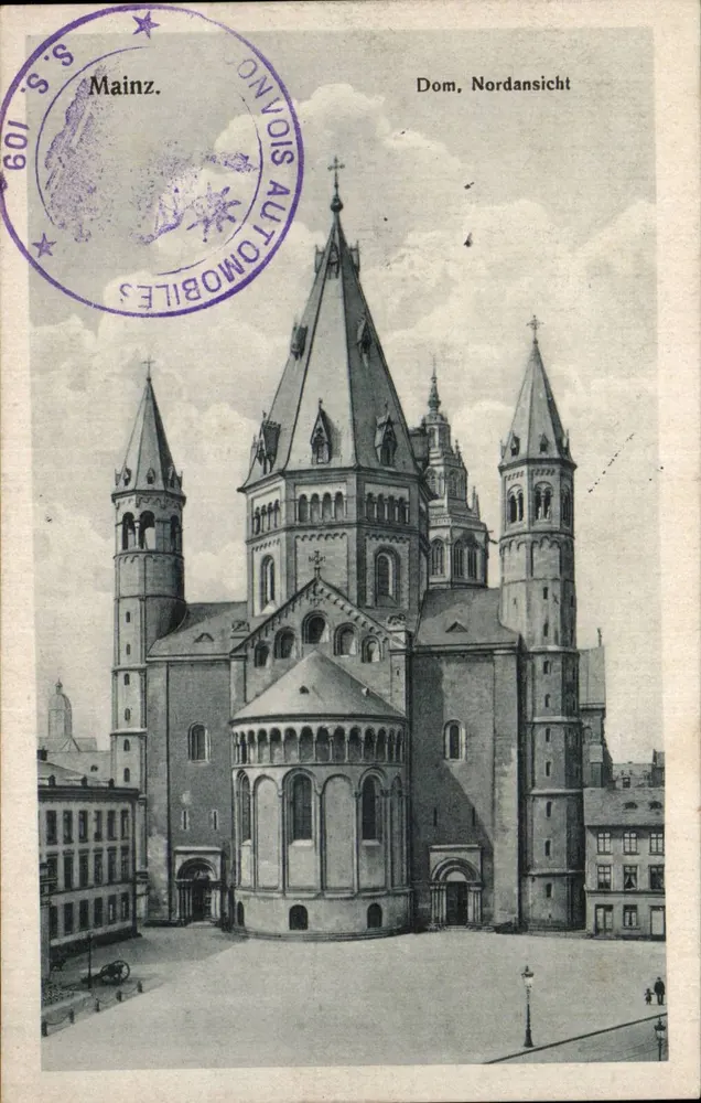 Dom, noordzijde — uitzicht op de kathedraal van Mainz — uitgever S.S. GOI 1809, serie Automobielen - Voorkant