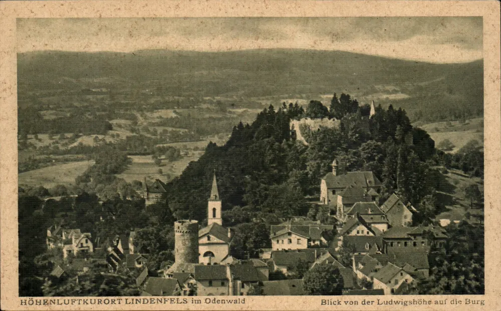 Heilbad Lindenfels im Odenwald — Blick von der Ludwigshöhe auf die Burg — Verlag F. Schmitt, Odenwalder Anzeiger, Darmstadt - Vorderseite
