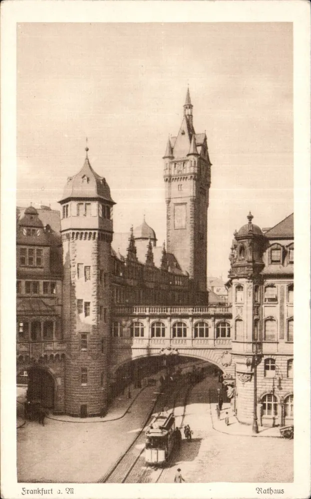 Frankfurt a.M. — vista do Rathaus com passagem de trêm — editor L.L.F. n°236 - Frente