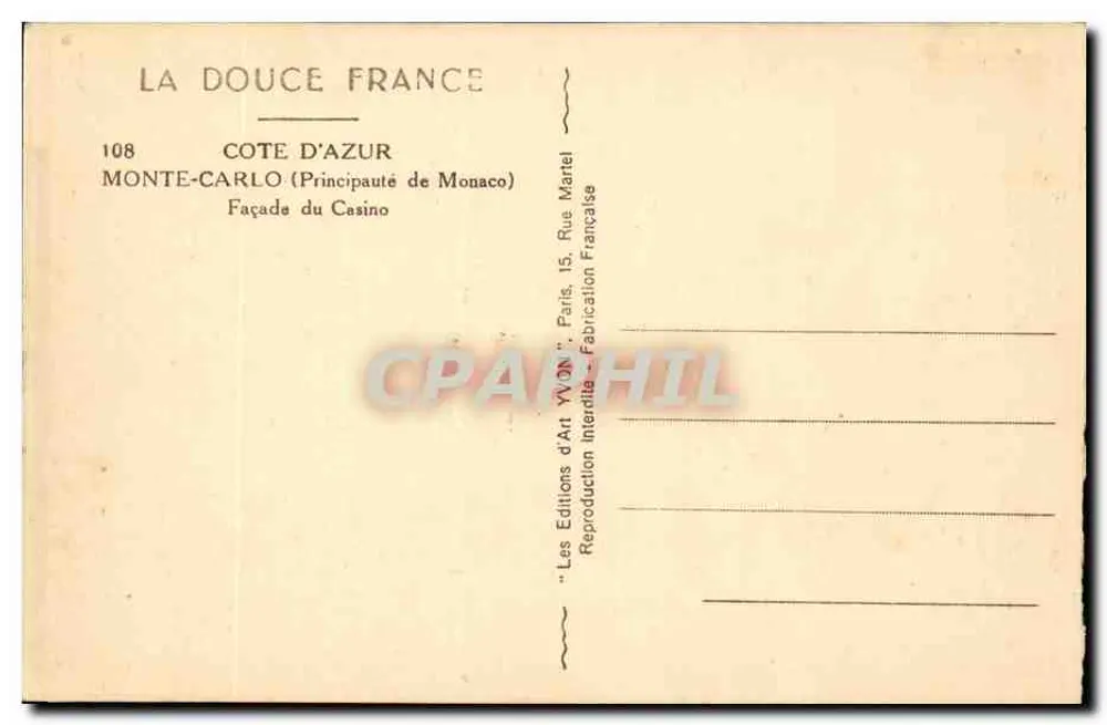 Fachada do Casino — Monte-Carlo (Principado de Mônaco) — Éditions d'Art YVON, Paris - Verso